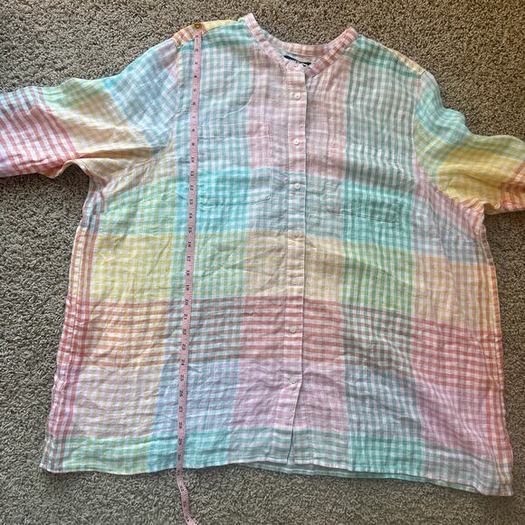 Lands' End rainbow plaid linen convertible sleeve button up shirt, size 3X - Picture 5 of 7